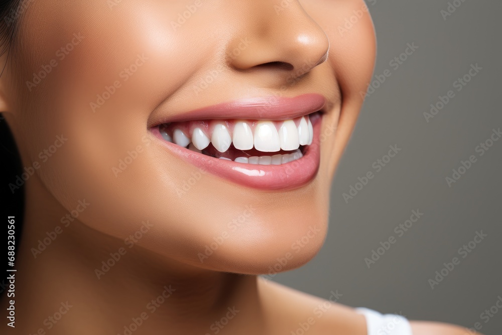 Charming female smile with dazzling white teeth, showing excellent dental health and hygiene Charming female smile with dazzling white teeth, showing excellent dental health and hygiene