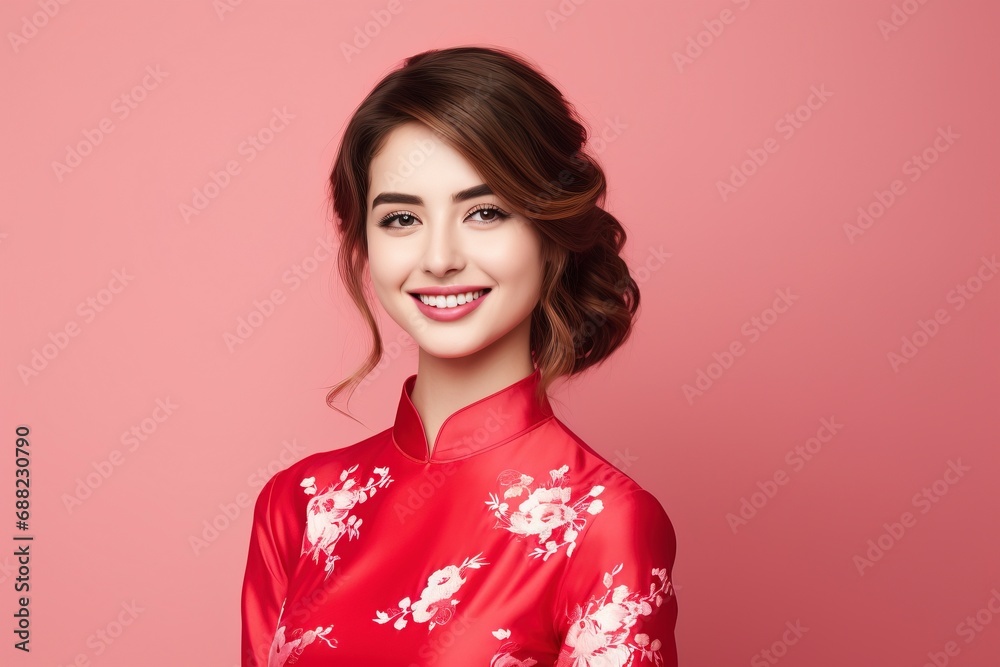 Young european woman smiling, wearing cheongsam, one color background, copy space. generative ai Young european woman smiling, wearing cheongsam, one color background, copy space. generative ai