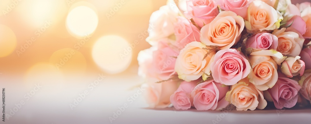 Wedding bouquet of beautiful roses with blurred background, invitation banner greeting card concept