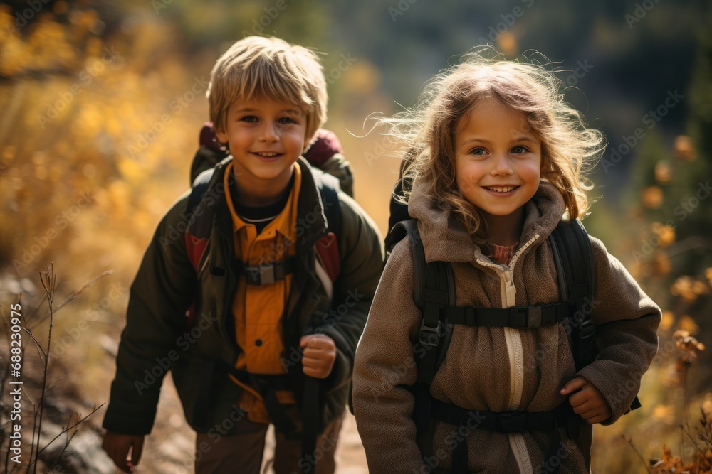 Autumn Adventure: Smiling Children Hiking in the Forest
