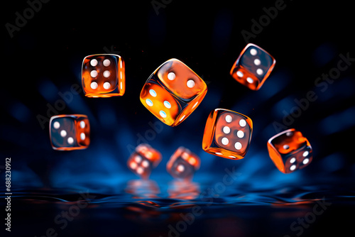 Flying dice. Several playing dice fall from the sky