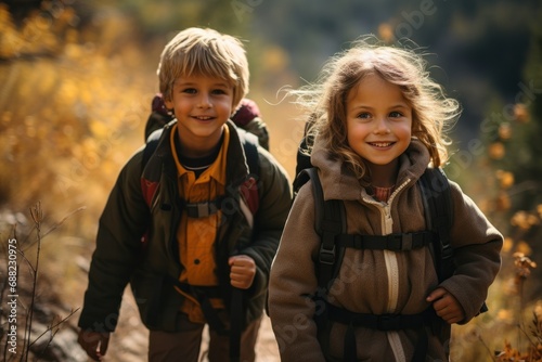 Autumn Adventure  Smiling Children Hiking in the Forest 