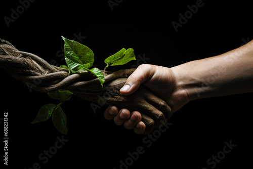 Man and Green Nature Handshake on Black, Green Deal Concept