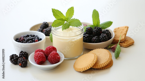 A fresh dessert arrangement with berries, cream, and biscuits on a bright background, embodying simplicity and freshness in taste. 