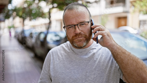 Handsome middle-aged caucasian man standing on sunlit urban street, engrossed in serious phone conversation on his cool smartphone, exhibiting a concentrated expression