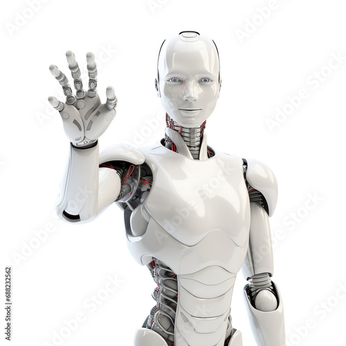 friendly artificial intelligence robot waving hand saying hello.