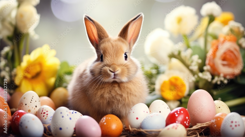 Lovely bunny easter baby rabbit with a basket full of colorful easter eggs Lovely bunny easter baby rabbit with a basket full of colorful easter eggs