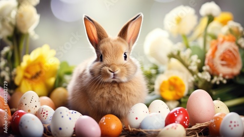 Lovely bunny easter baby rabbit with a basket full of colorful easter eggs © brillianata
