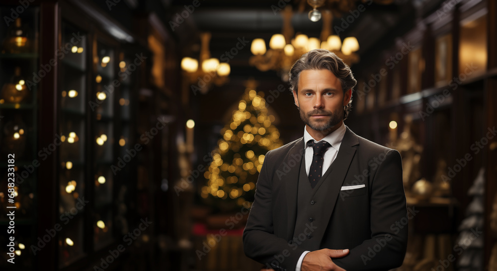 A respectable man in a business suit on a blurred classic interior background. Design template with an empty space for your text. A respectable man in a business suit on a blurred classic interior background. Design template with an empty space for your text.