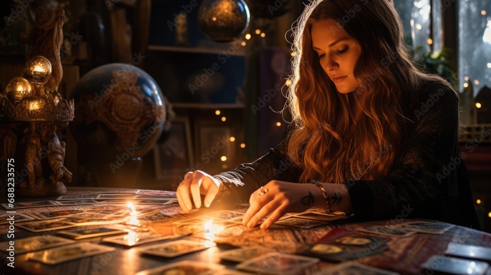 A woman tarot reader makes a tarot card spread