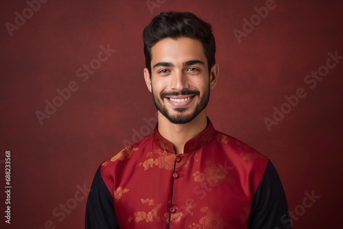 beautiful Young arab man smiling, wearing cheongsam, one color background, copy space, generative ai