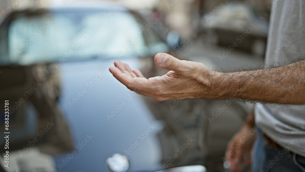 Fototapeta premium Young hispanic man standing by car with hand open at street
