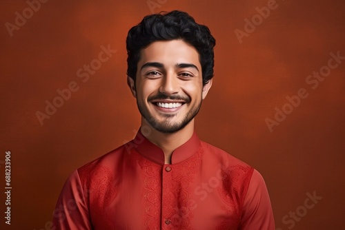 beautiful Young arab man smiling, wearing cheongsam, one color background, copy space, generative ai