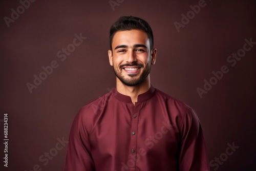 beautiful Young arab man smiling, wearing cheongsam, one color background, copy space, generative ai © Nia™