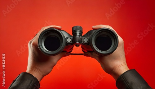 Female hands hold black binoculars on a bright red backgroundf photo