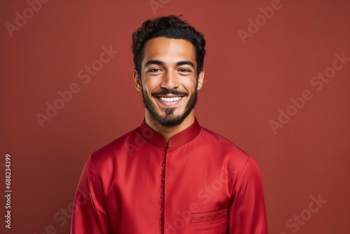 beautiful Young arab man smiling, wearing cheongsam, one color background, copy space, generative ai
