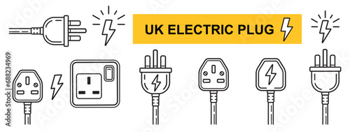 UK electric plug socket, British electrical power outlet line icon set. English three pin ac cable. Electricity energy. Electro equipment wire connection. Wall current switch. Charging device. Vector