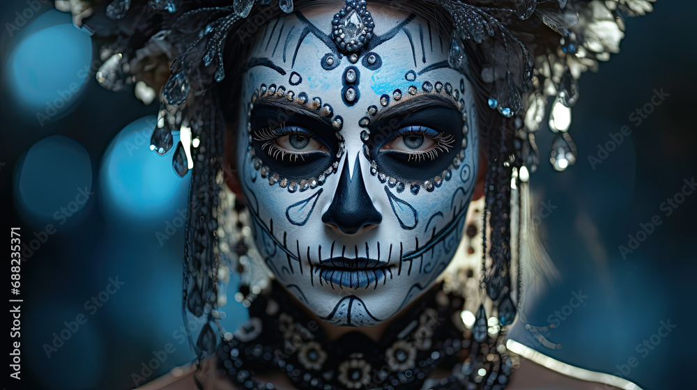 beautiful woman dressed for Mexican Day of the Dead.