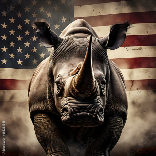 Rhino with an American flag background  photo