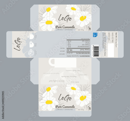 Template of a packaging box for chamomile tea bags. Chamomile tea packaging design.