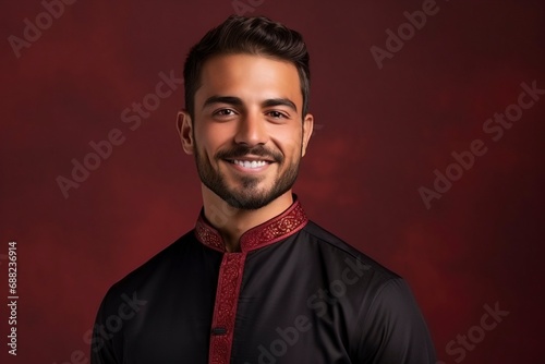 beautiful Young arab man smiling, wearing cheongsam, one color background, copy space, generative ai