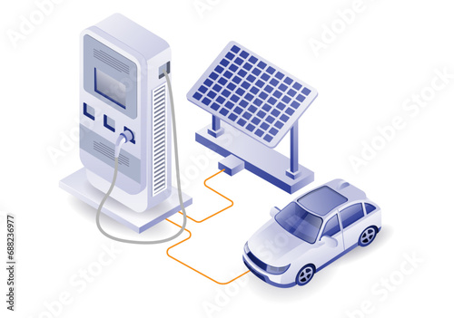 Electric car charger with solar panel energy technology concept illustration