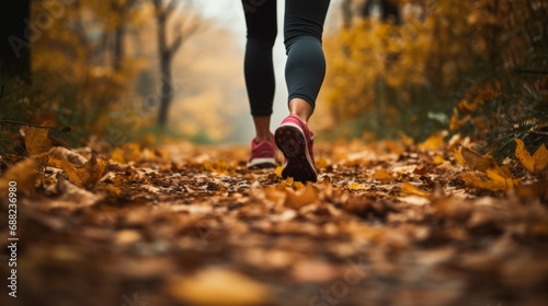 Feet of an athlete woman run up in autumn weather with leaves on the ground, low angle shot