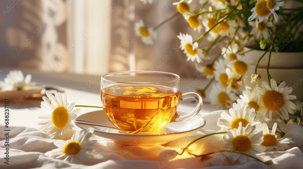 A cup of chamomile tea on the table in the morning light A cup of chamomile tea on the table in the morning light
