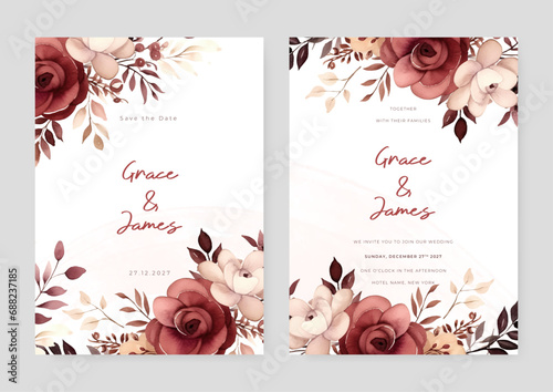 Red and beige rose and peony floral wedding invitation card template set with flowers frame decoration