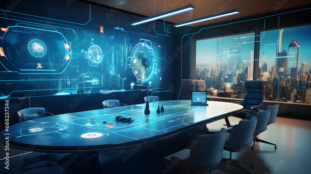 an advanced scene showcasing AI-Powered Personalized Work Environments, featuring adaptive workspaces, AI-driven personalization, tailored ergonomic setups, and futuristic workplace technology, illust
