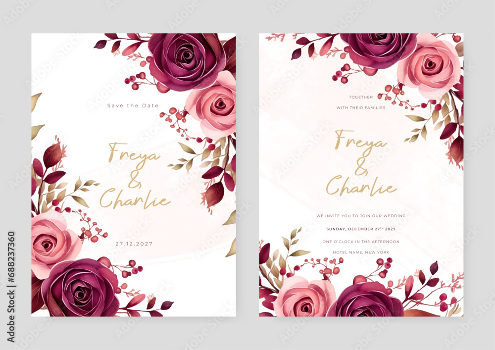 Pink and red rose wedding invitation card template with flower and floral watercolor texture vector