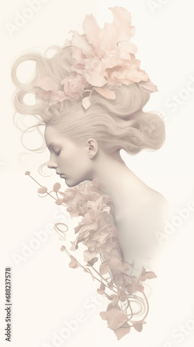 Illustration of a dreamy  ethereal blonde woman. Sensitive  pure femininity  emotional horizontal poster. Sculpture of female skin care and naked shoulder. Isolated on a blank background  copy space.