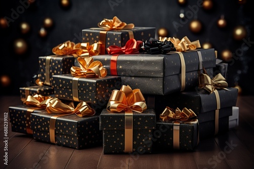 Realistic black Christmas gifts adorned with gold ribbons for a Black Friday sale