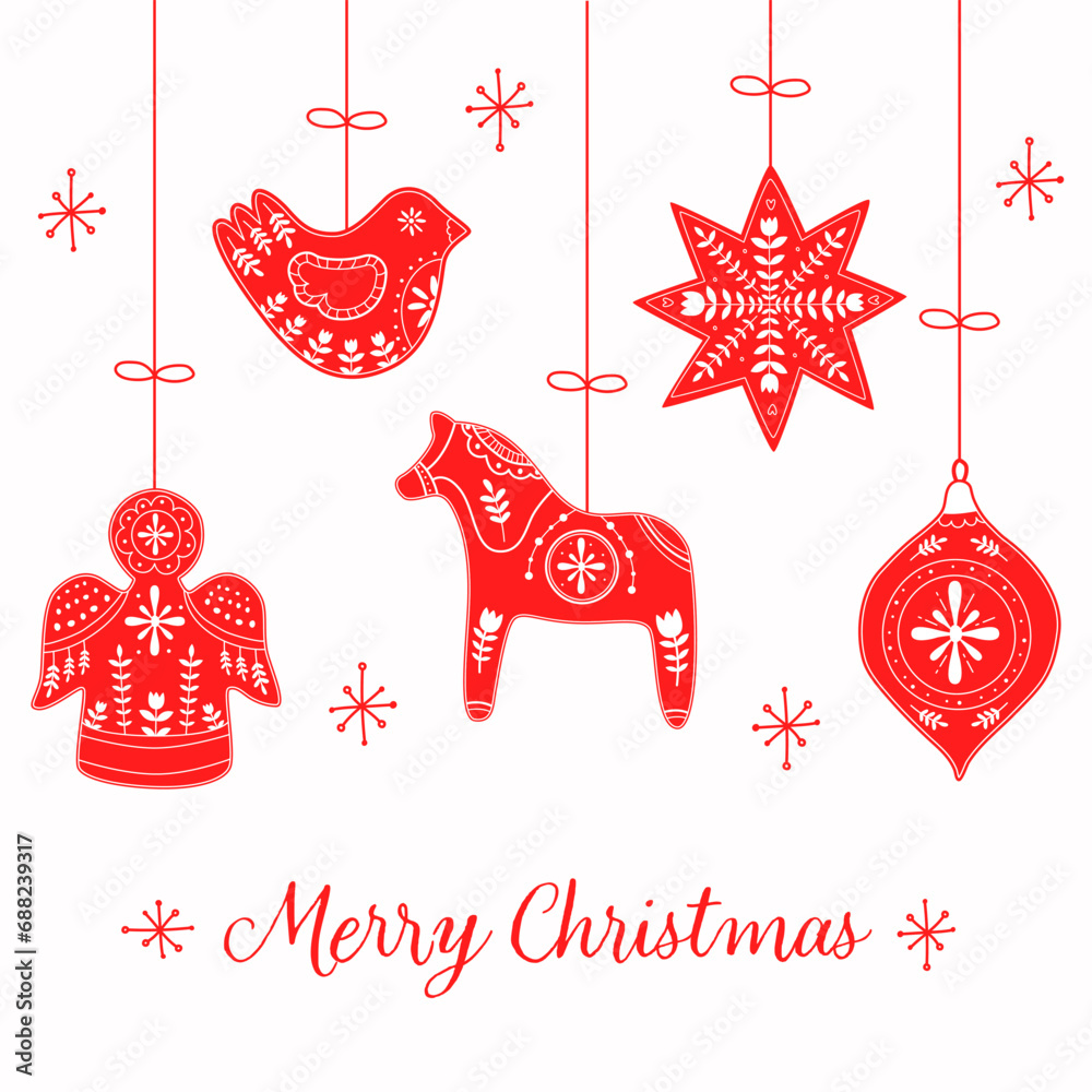 Merry Christmas card with scandinavian decoration Christmas toys,bird,angel and ect. with congratulations red and white colors. Vector flat illustration.  - obrazy, fototapety, plakaty 