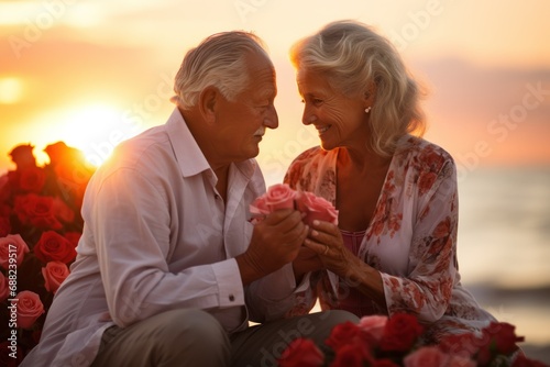 Golden Love: Elderly Couple Sharing a Tender Moment with Roses at Sunset
 photo