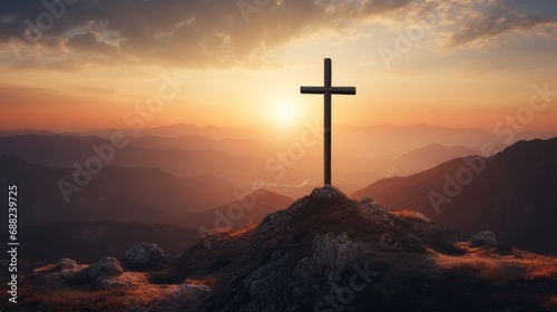 Silhouette Christian cross on mountain in sunrise background © David