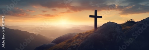 Silhouette Christian cross on mountain in sunrise background