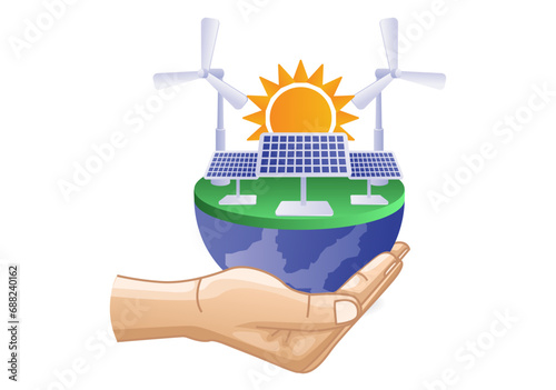 Solar panel energy above hand eco green concept