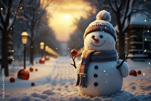 Whimsical snowman standing amidst a picturesque winter wonderland, a charming scene © Muhammad Shoaib