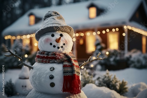 Whimsical snowman standing amidst a picturesque winter wonderland, a charming scene