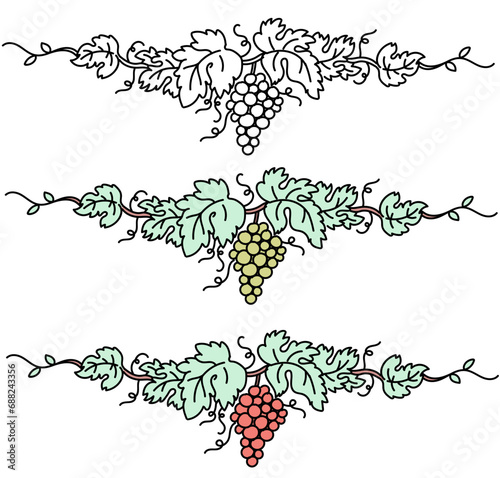 Grape vine set. Vintage ink hand drawn wine decorations border, floral grapes berry frame. vector illustration