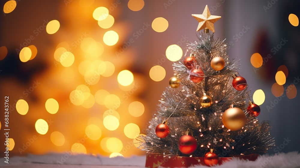 Christmas and New Year's Eve holiday background. Christmas tree with decorations, gifts. with bokeh background with blurred yellow lights and shining stars.