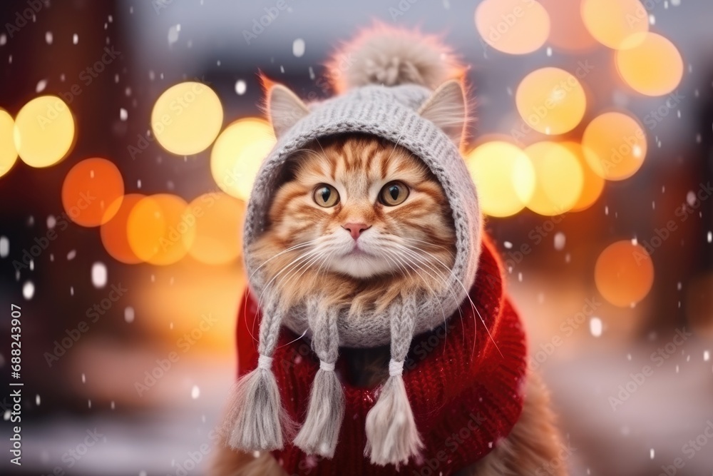 Cute happy cat in winter landscape and christmas time comeliness