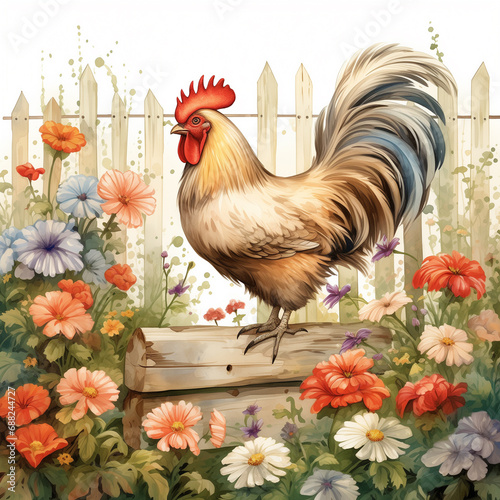 A watercolor rooster standing on a fence surrounded with flowers © Din