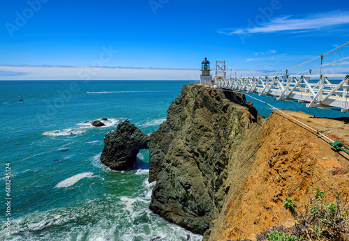 Lighthouse in Pacific ocean on the rock, Point Bonita Lighthouse, San Francisco, California, USA