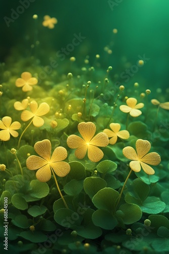 Shamrock green and yellow flowers on magical light in night time. AI generated