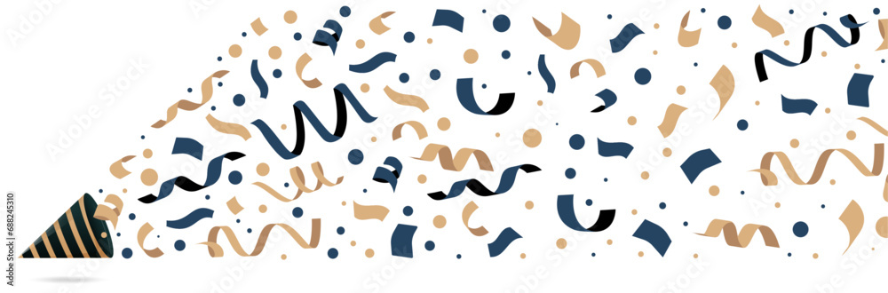 Explosion de confettis pour la fête - Illustration festive pour un événement joyeux - Vecteur éditable présentant des éléments pour les fêtes - Bleu et beige - Rond et rubans qui s'envolent  - obrazy, fototapety, plakaty 