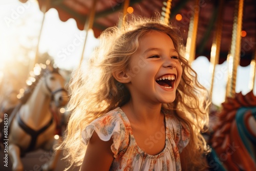 Cheerful young girl having fun at an amusement park playing carousel © piai