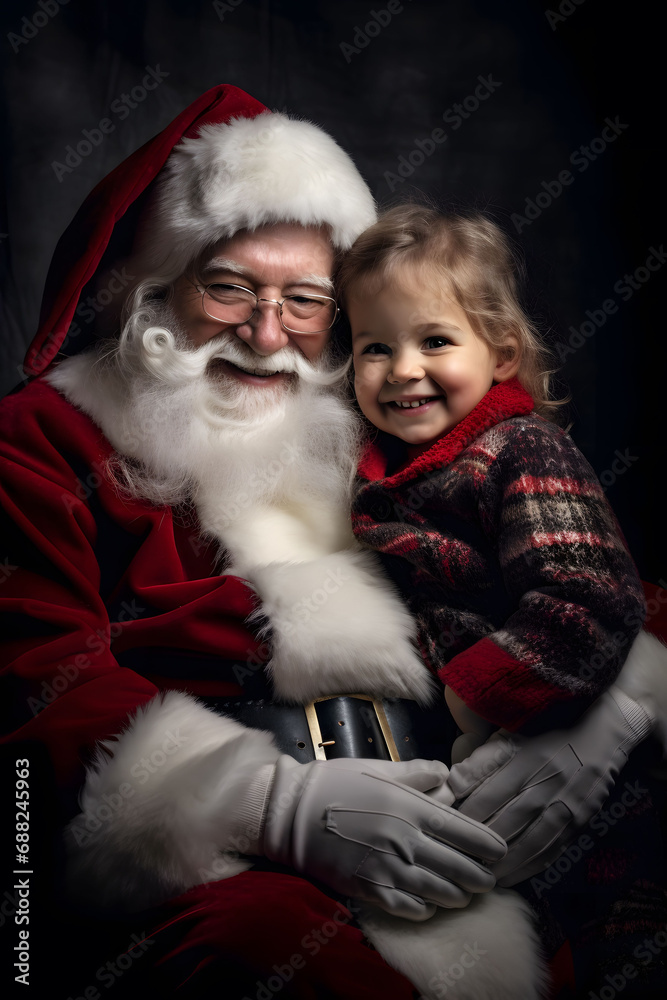 Santa Claus and child hugging and smiling posing for photography.Christmas idyll. Santa Claus and child hugging and smiling posing for photography.Christmas idyll.