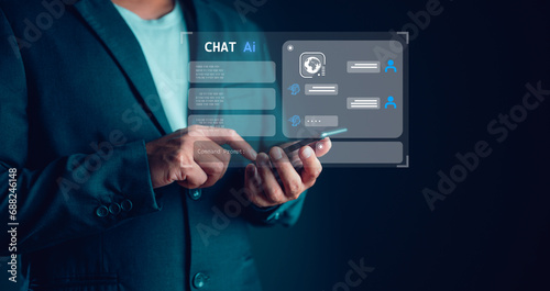 Chat with AI, Artificial Intelligence. man using technology smart robot AI, artificial intelligence by enter command prompt for generates something, Futuristic technology transformation.